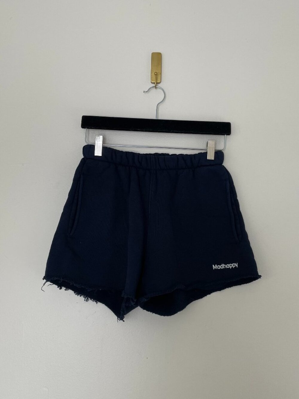 Madhappy Frayed Hem Cotton Fleece Pull On Sweat Shorts in Navy Size XS